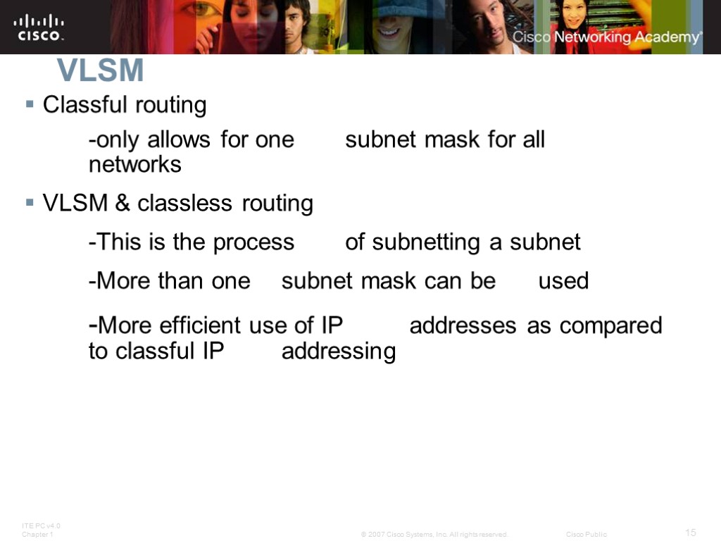 VLSM Classful routing -only allows for one subnet mask for all networks VLSM &